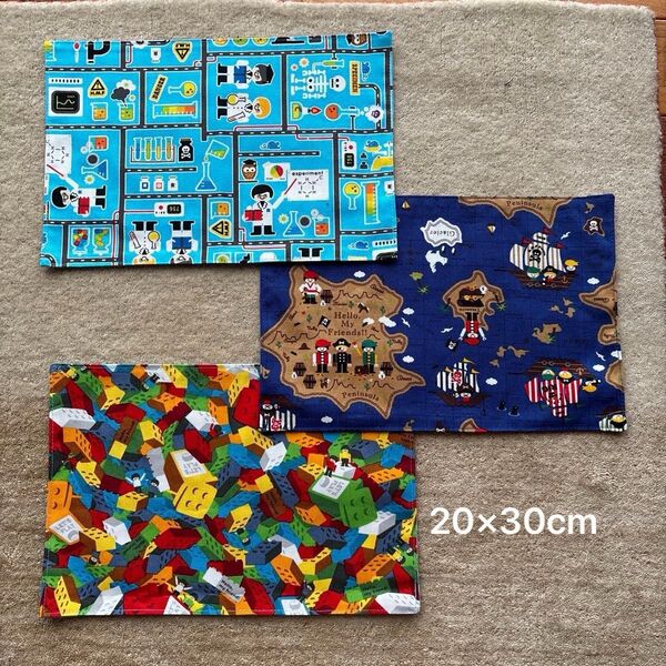 ハンドメイド☆レゴ風ランチョンマット3枚セット 20×30cm LEGO ギンガムチェック 入園 リバーシブル