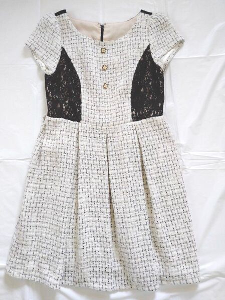 ツイード × レース切り替えワンピース ワンピース 白 ワンピース ホワイト デート服 清楚系 スカート お嬢様風