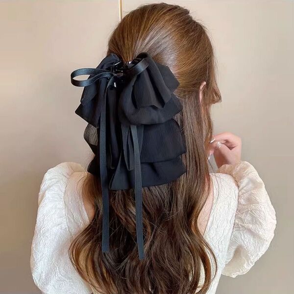 韓国 ゴスロリ 黒 大きなリボン ヘアクリップ バンスクリップ 髪留め かわいい イベント 髪飾り ブラック【新品】