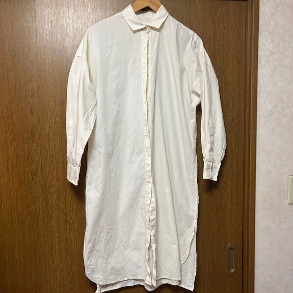 ベージュ ロングシャツ ワンピース七分袖