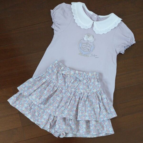 anyFAM エニィファム 襟付き半袖Tシャツ&花柄フリルキュロット 2点セット 140