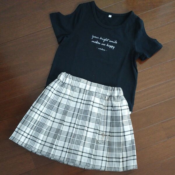 CUTELOVE キュートラブ 重ね着風半袖Tシャツ&アクセサリー付きチェックプリーツスカパン 140 2着セット