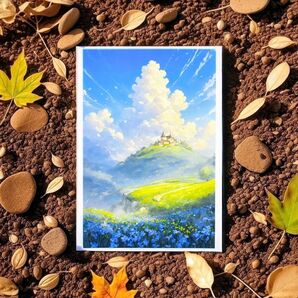 絵画「夏の丘」A4 額無し 風景画 イラスト 印刷画 インテリア 入道雲 花 花畑 現代アート 丘 草原 自然 青空