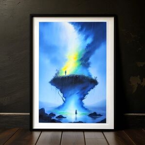 【24日まで】絵画「出会い」 A4 額無し 風景画 インテリア 雨 光 雲 大地 青 白
