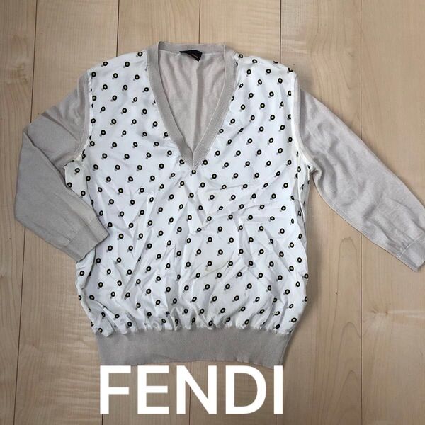 FENDI フェンディ Vネック ニット セーター ドット柄 シルク レディース