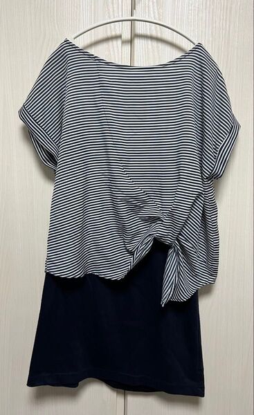a.v.v アーヴェヴェ イトキン 半袖ワンピース ボーダー 膝丈 ネイビー S