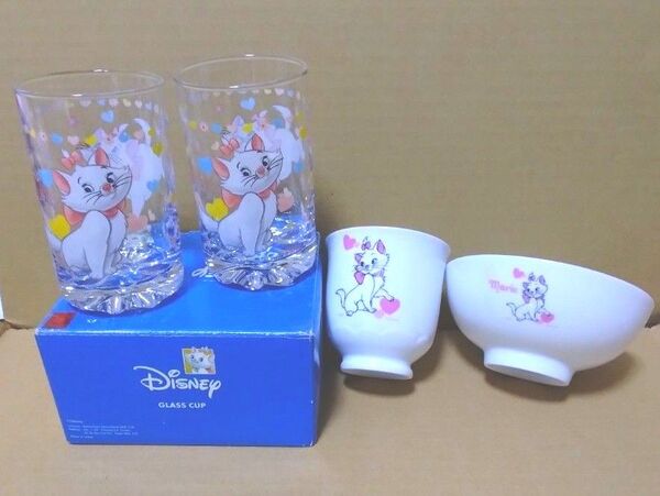 ディズニー おしゃれキャットマリー グラス&お茶碗&湯飲み 4点セット 美品