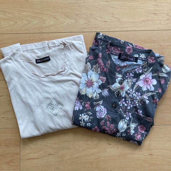 ミセス シニア 五分袖Tシャツ カットソー 2枚セット