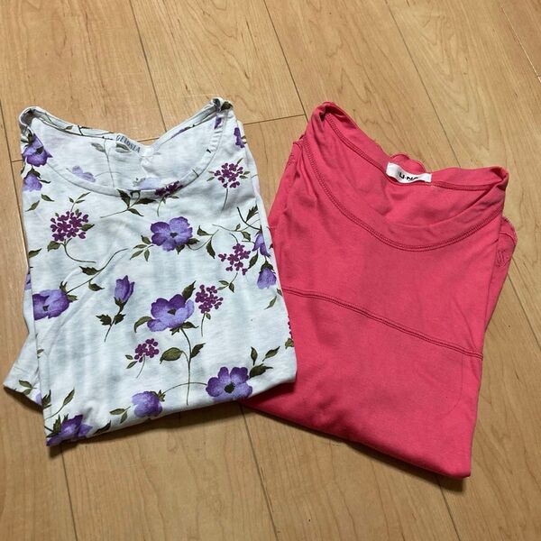 ミセス シニア 半袖Tシャツ 2枚セット 紫の花柄・ピンク M