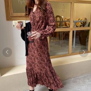 girly dou ガーリードール 花柄 Aライン 長袖 ロング ワンピース Vネック フリーサイズ