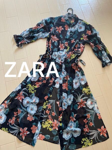 ZARA 花柄 ブラウス ワンピース XSサイズ 花柄 総柄 ロング