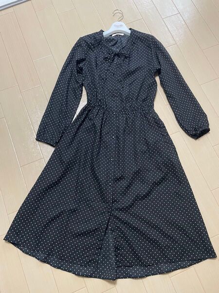 chocol raffine robe Aライン 長袖 ロング ワンピース リボン ドット柄 ウエストリボン 総柄
