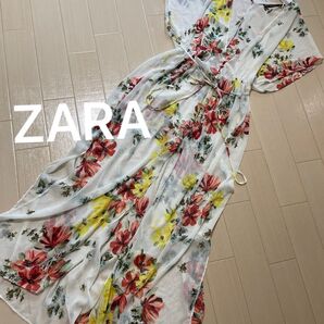 ZARA ザラ花柄 ブラウス ワンピース Sサイズ シースルー ロング ウエストリボン