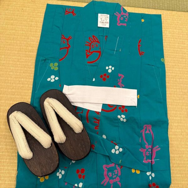 未使用品 女の子 浴衣 100cm グリーン系 猫ちゃん柄♪ 3~4 才
