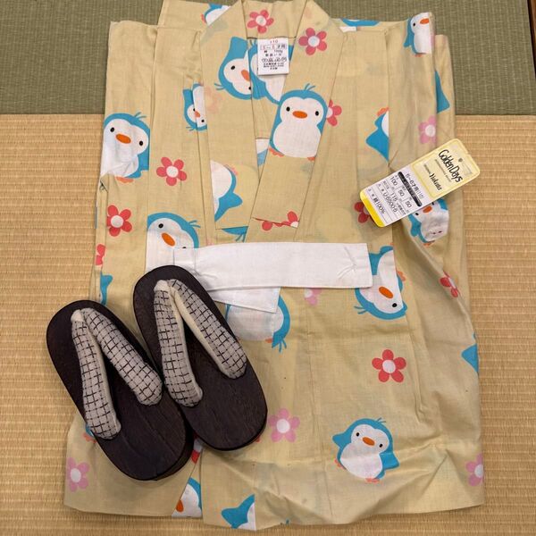 未使用タグ付き 女の子 浴衣 ペンギン♪ クリームイエロー 110cm
