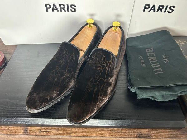 美品 Berluti ベロア スクリット スリッポン ベルベット ローファー シューズ 7