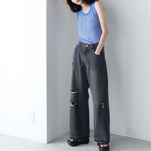 forksy. ダメージワイドデニムパンツ 人気完売色 ダークグレー L