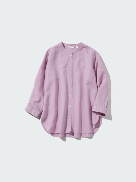 ユニクロUNIQLO リネンブレンドバンドカラーシャツ/7分袖