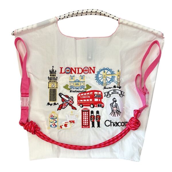 【新品未使用】 エコバッグ ナイロン刺繍 トートバッグ 韓国 ショルダー付き M 白 ロンドン チャコット chacott