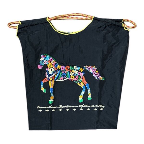 【新品未使用】ナイロン刺繍エコバッグ トートバッグ 新生活 お買い物 馬 花 フラワー カラフル 黒 Mサイズ