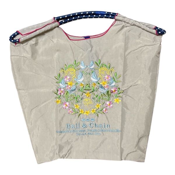 新品 ナイロン 刺繍 エコバッグ トートバッグ M ボールアンドチェーン 大容量 お花 鳥 折りたたみバッグ サブバッグ