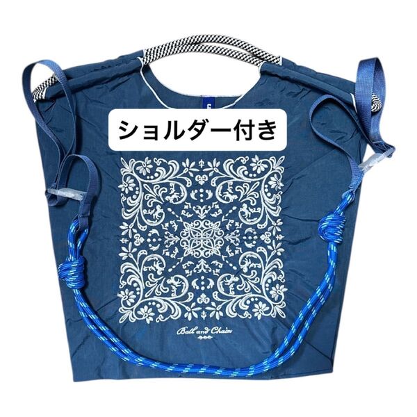 【新品未使用】エコバッグ トートバッグ ショッピングバッグ ナイロン刺繍 折り畳み 軽量 大容量 Mサイズ バンダナ柄 ネイビー