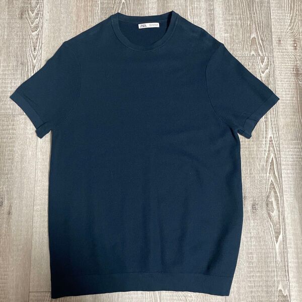 美品 ZARA ネイビー Tシャツ Sサイズ 無地 Tシャツ 半袖 クルーネック カットソー