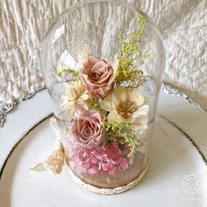 プレゼント ガラスドーム ピンク系 プリザーブドフラワー 薔薇 紫陽花 かすみ草