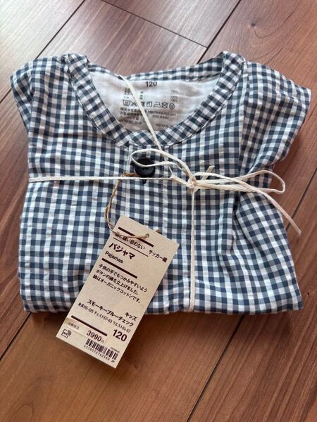 【新品】無印良品 半袖 パジャマ 脇に縫い目のない サッカー織 スモーキーブルー チェック 120サイズ