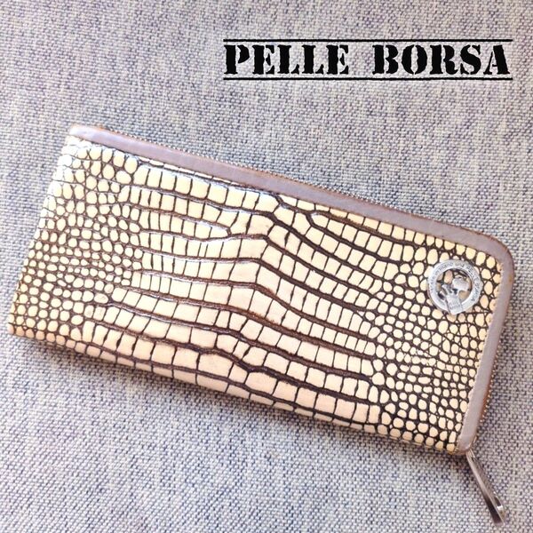 【PELLE BORSA ペレボルサ】長財布 L字ファスナー ベージュ エナメル クロコ型押し