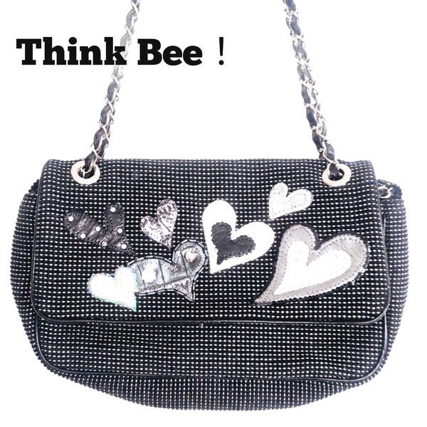 【美品】【Think Bee!シンクビー】ショルダーバッグ 2way 肩掛け 斜め掛け ブラック × シルバー チェーン キラキラ