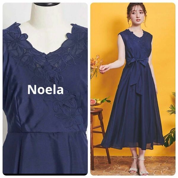 美品♪ Noela ノエラ 花刺繍のレースワンピース フレア ベルト ネイビー ノースリーブ