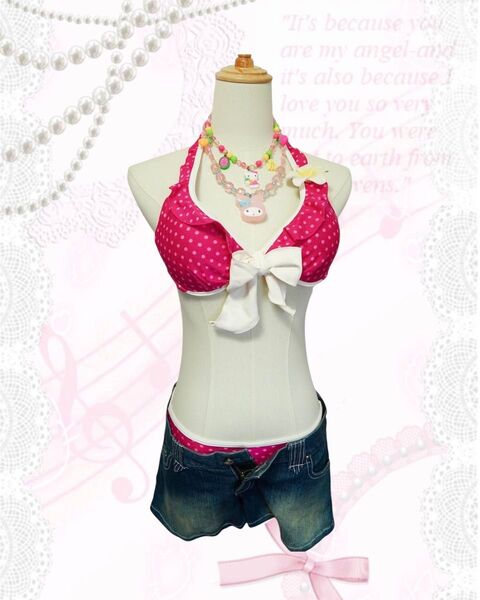 *pink white bow bikini polkadots ビキニ 水玉 ピンク リボン ギャル ショートパンツ付 3点