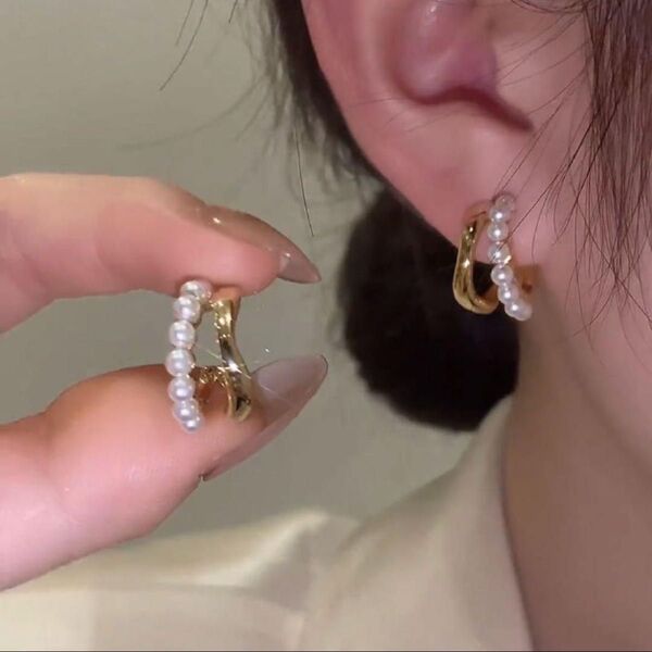 フープピアス パール ゴールド 重ね付け風 韓国 シルバー925