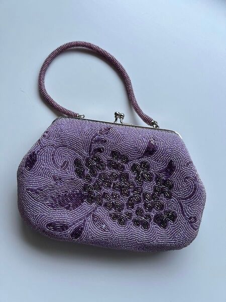 和装小物 ビーズ ハンドバッグ パープル 花柄 がま口
