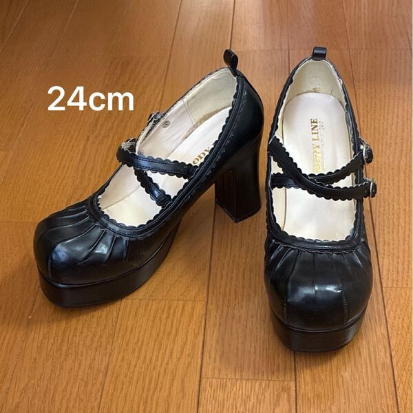 厚底パンプス 24cm BODY LINE おでこ ストラップ レース ゴスロリ ロリィタ 黒 ブラック 中古 靴 ボディライン