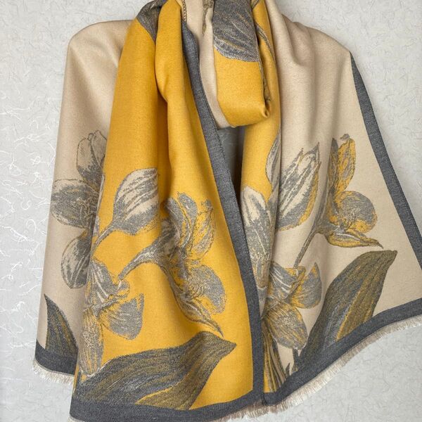 大判ストール ショール マフラー スカーフ ひざ掛け 上品 花柄 イエロー 春