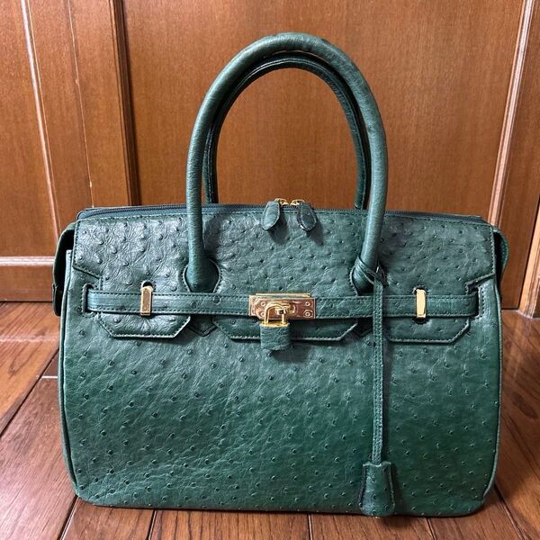 オーストリッチ ハンドバッグ グリーン レザー 南京錠付