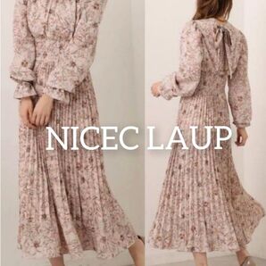 NICE CLAUP◆バックリボン プリーツロングワンピース◆花柄 Fサイズ