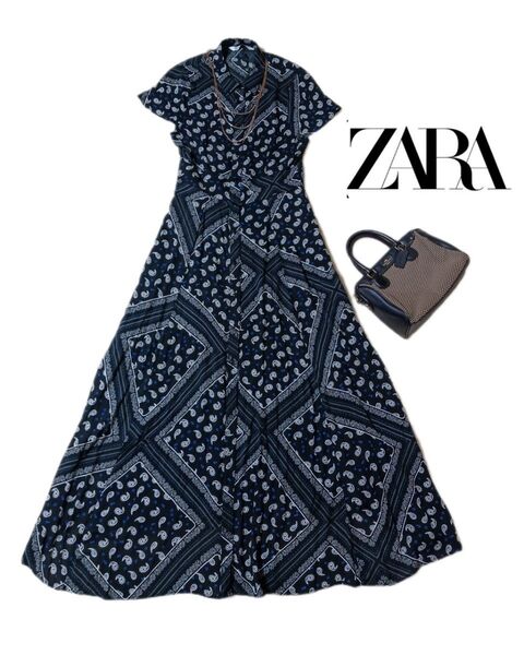 お洒落!ZARA ザラ◆半袖シャツ ロングワンピース◆ペイズリー柄◆28 M