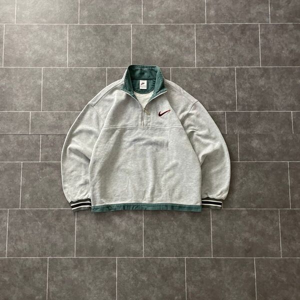 90-00's NIKE ナイキ ハーフZIP スウェット プルオーバー グレー グリーン S