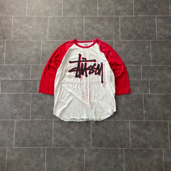 90-00's old Stussy ステューシー world tour 七分袖 ラグラン Tシャツ 白赤 バイカラー L