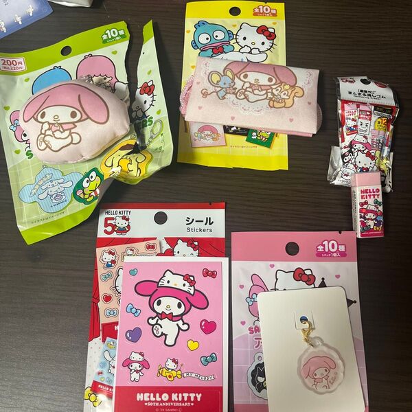 マイメロディ 5種セット/サンリオキャラクターズ 消しゴム プチ巾着 クッションキーホルダー シール アクリルチャーム
