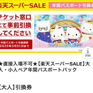 サンリオピューロランド 年間パスポート 2人分 大人・小人ペア引換券 ピューロ サンリオ 年パス