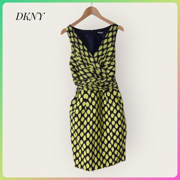 DKNY ノースリーブワンピース Sサイズ 2 ドット柄 黒 黄緑 Vネック ノースリーブ