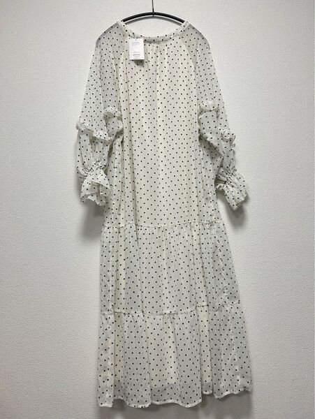 ナチュラルクチュール ドット柄 ブラウス シフォン ワンピース 長袖 ホワイト