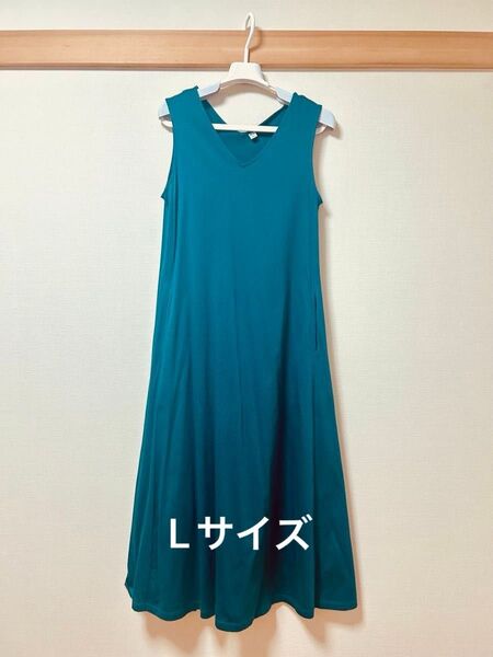 UNIQLO マーセライズコットン Aラインワンピース ノースリーブ 標準丈 Lサイズ 綿 ロングワンピース Vネック 着痩せ