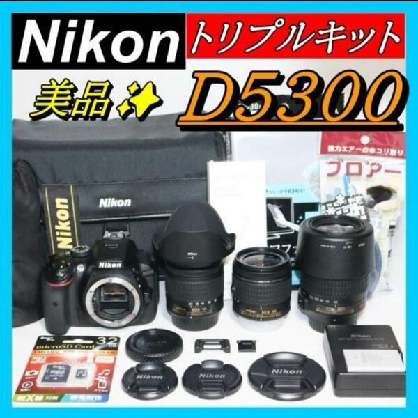 S回数少 美品 Nikon D5300 トリプルレンズセット 標準+望遠+単焦点 デジタル一眼レフカメラ レンズキット AF-S
