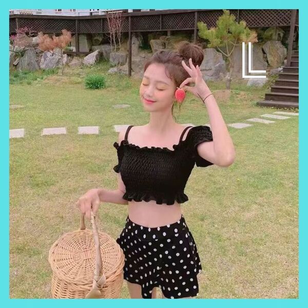 オフショルダー 水着 ビキニ セパレート スカート 体型カバー 韓国 水玉 黒 夏 プール L