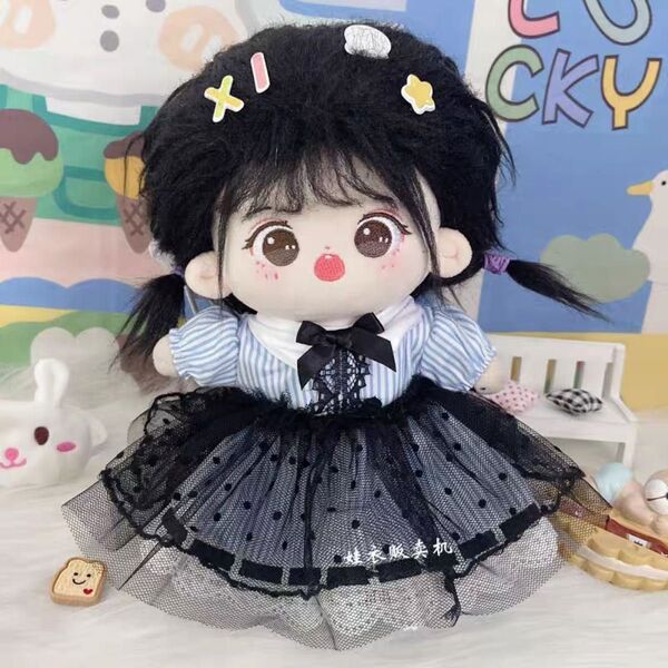 ぬい服 ぬいぐるみ 着せ替え服 人形 20cm 洋服 かわいい 女の子 水色 ストライプ ワンピース 3点セット